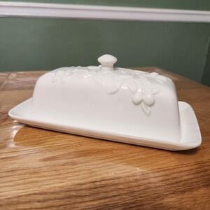 White Ceramic Maison Neuve Butter Dish Cherry Pattern and Lid for Countertop